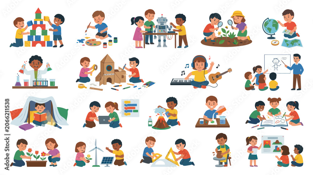Fototapeta premium Flat Vector Illustration of Diverse Children Learning STEM, Arts, Music Reading. Childhood Education Activities.