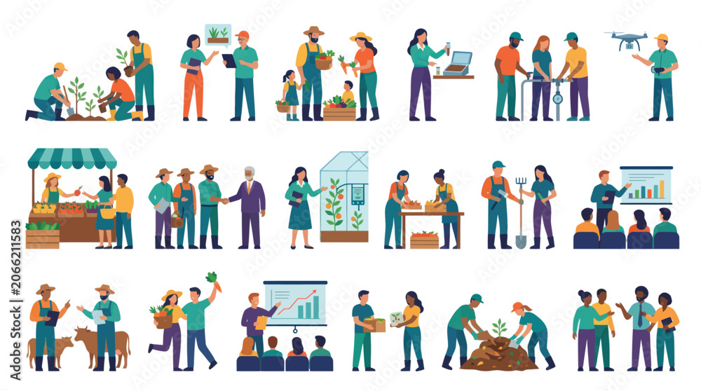 Fototapeta premium Diverse Farmers and Agriculture Professionals in Flat Style Illustrations