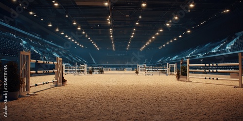 Empty Illuminated Equestrian Show Jumping Stadium Ready for Competition