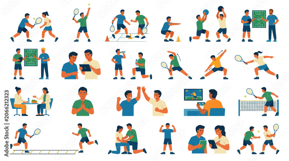 Fototapeta premium Sports, Fitness, and Coaching Flat Vector Illustrations Set. People Training, Playing Tennis, Learning, and Interacting