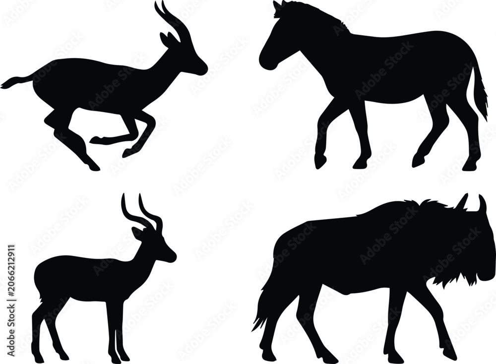 Fototapeta premium African wildlife animal silhouettes, black safari fauna vector set, gazelle and zebra and wildebeest icons for nature design isolated PNG with Transparent Background