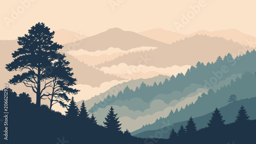 Mountain landscape serene misty morning with muted pastel colors in flat illustration style for travel and nature backgrounds.