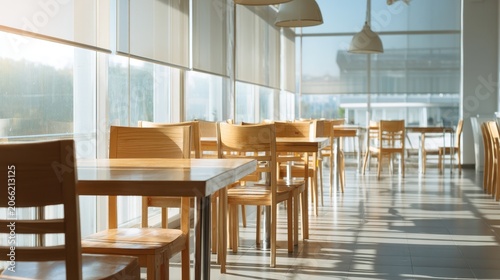 Minimalist Modern Restaurant Dining Area Bathed in Bright Natural Sunlight