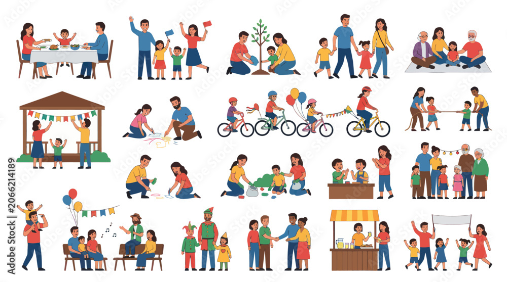Fototapeta premium Happy Family Picnic Outdoor Activities Flat Style Vector Illustrations