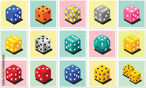 Collection of colorful isometric pixel art dice icons arranged in a grid with pastel colors