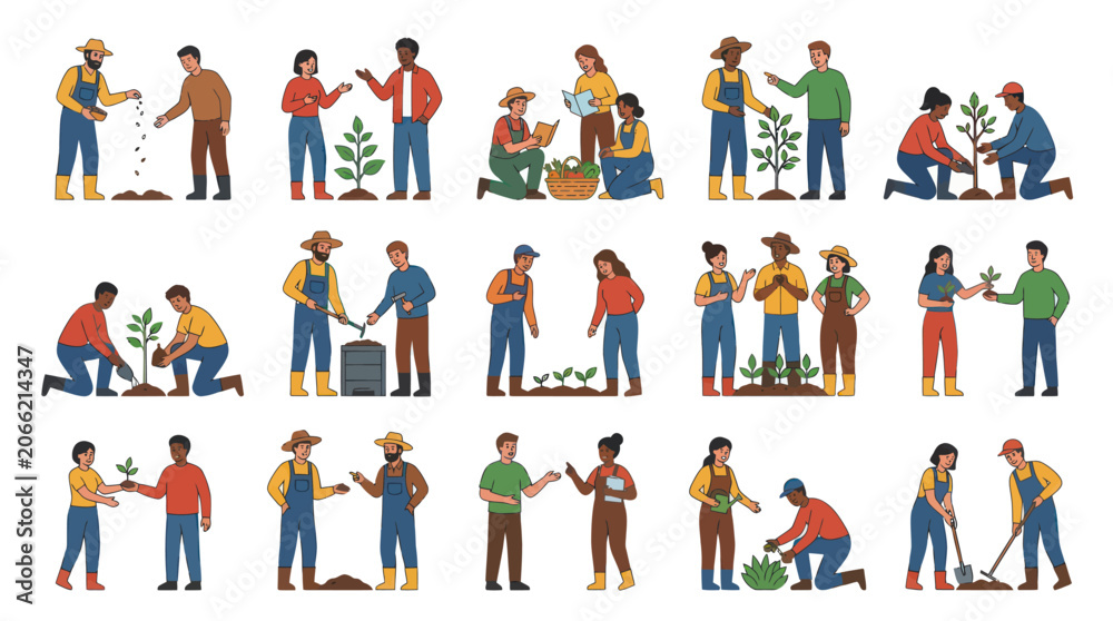 Fototapeta premium Flat Vector Illustration Set: Diverse People Gardening, Planting Trees, and Engaging in Agricultural Activities