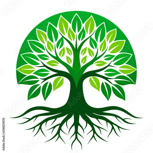 Tree of life stylized illustration in vibrant green and white with clean lines on a white background for nature and growth themes.