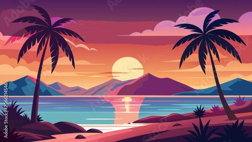 Tropical beach sunset with palm trees in vibrant gradient colors with flat illustration style for travel advertising.