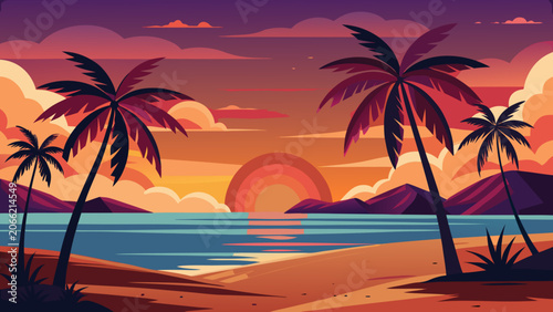 Tropical beach sunset with palm trees in vibrant orange and purple hues on a calm ocean for vacation advertising.