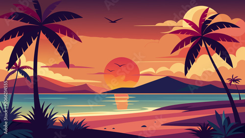 Tropical beach sunset in vibrant colors with palm trees and ocean reflection for travel and vacation.
