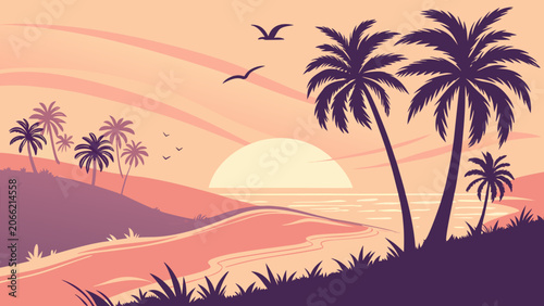 Tropical beach landscape with palm trees at sunset in warm pastel colors with a flat illustration style for travel advertising.