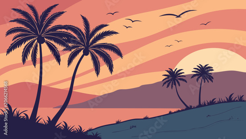 Palm trees on tropical island in warm sunset lighting with flat illustration style for travel advertising.