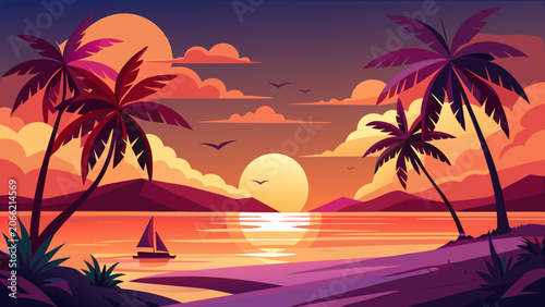 Tropical beach sunset with palm trees in vibrant orange and purple hues on a calm ocean for vacation advertising.