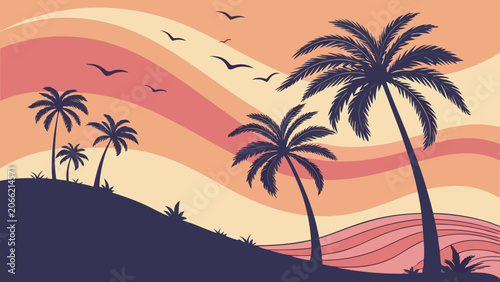 Palm trees on hill in silhouette with warm sunset sky and ocean waves for travel advertisement.