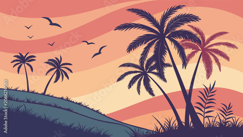 Palm trees on a hill at sunset in warm orange and pink hues with a wavy sky and silhouette style for travel and vacation.