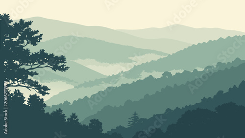 Mountain range layered in atmospheric perspective with muted green and blue tones in a serene landscape illustration for travel.