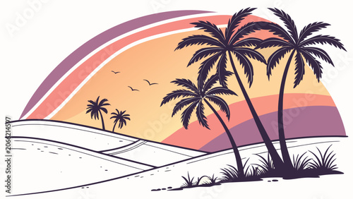 Palm trees on sandy dunes in warm sunset lighting with a retro graphic style for travel advertising.