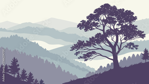 Silhouette tree on rolling hills in muted purple and grey tones with soft atmospheric lighting for landscape background.