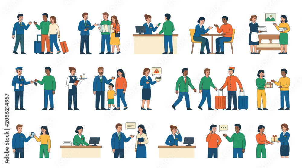 Fototapeta premium Hotel Hospitality Services Flat Vector Illustrations. Staff Guests Interacting, Check-in, Room Service, Reception
