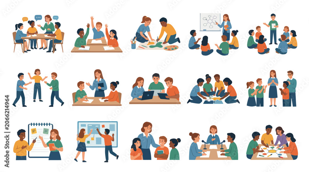 Fototapeta premium Flat Vector Education Illustration Set: Diverse Students Teachers Learning, Teaching, Collaborating in Classroom