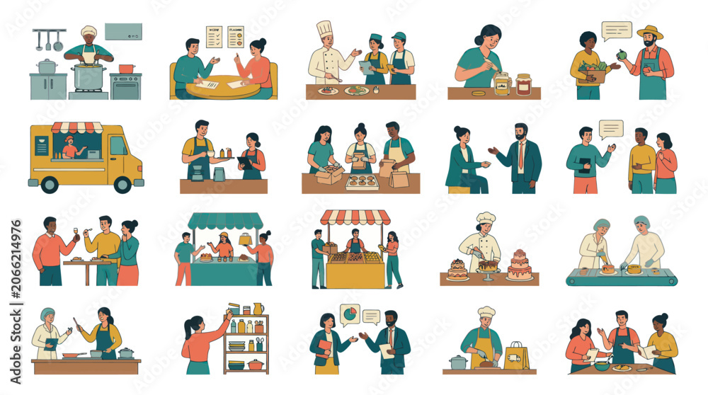 Fototapeta premium Food Industry Culinary Flat Vector Illustrations: People Working in Restaurants, Markets, Farming, and Small Business
