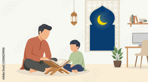 Muslim father and son reading Quran in room at night, Ramadan concept