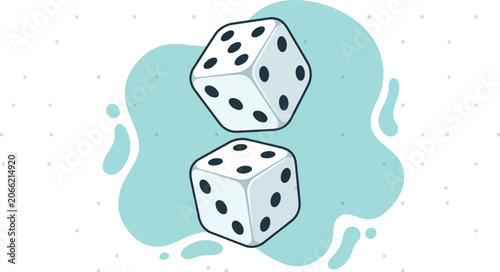 Two white dice with black pips floating against a light blue abstract background illustration.