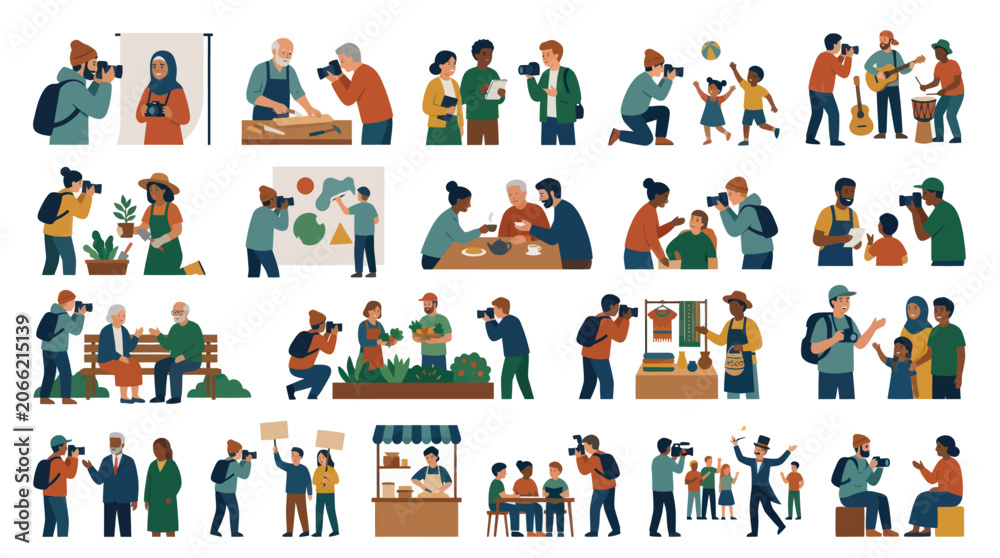 Fototapeta premium Flat Vector Art: People with Cameras Photographing Various Scenes