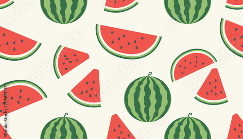 Seamless decorative pattern of whole green watermelons and red sliced pieces with black seeds on cream backdrop.