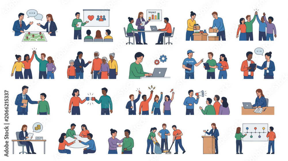 Fototapeta premium Modern Flat Vector Illustration Set: Business, Teamwork, and Community Collaboration Concepts