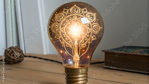 light bulb on a wooden table with design inside