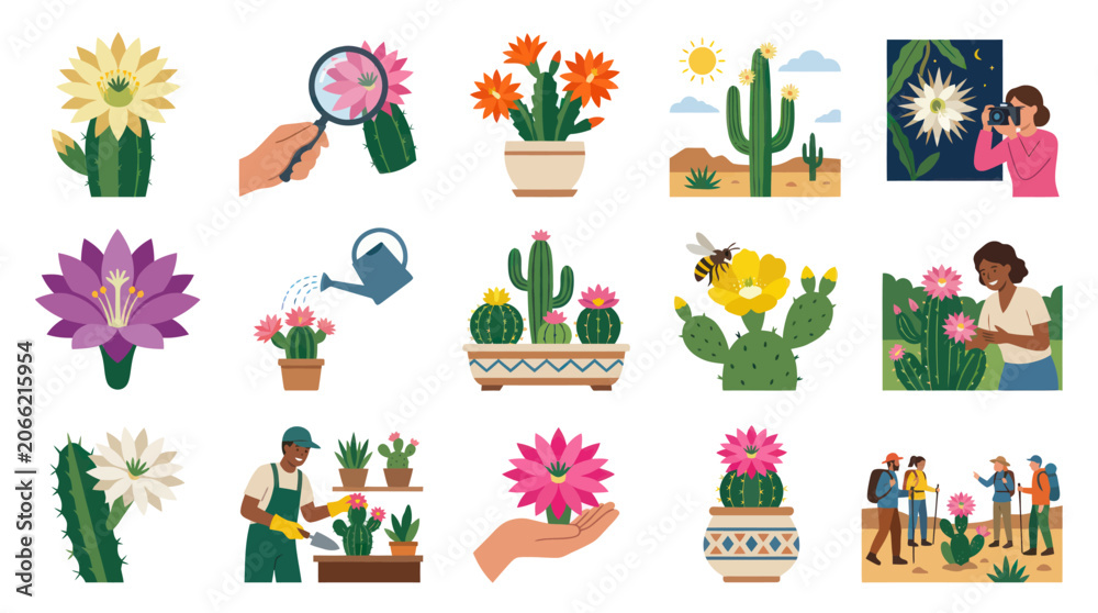 Fototapeta premium Flat Style Cactus Plant Illustrations with Flowers, Gardening, Nature