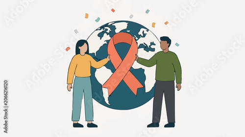 Global Awareness: Diverse People Holding Orange Ribbon with Earth and Confetti