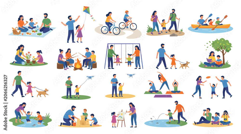Naklejka premium Flat Style Vector Illustration of Families Enjoying Various Outdoor Activities Together