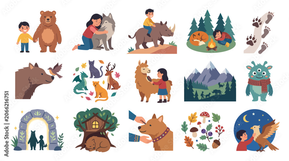 Obraz premium Flat Vector Illustration Collection of Children, Animals, and Nature: Friendship, Adventure, and Imagination Concepts