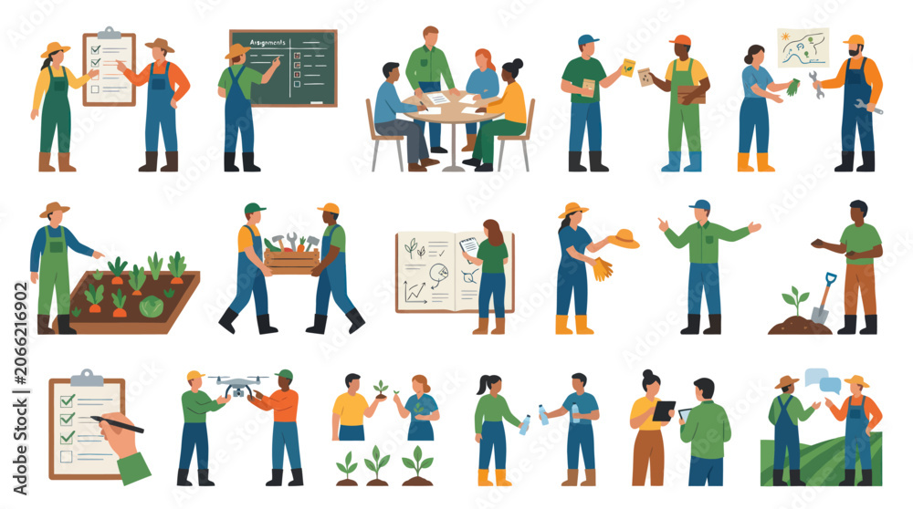 Fototapeta premium Flat Vector Illustrations of Modern Agriculture, Smart Farming Technology, and Agricultural Workers