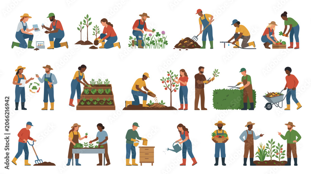 Fototapeta premium Modern Flat Illustration of Diverse People Gardening and Farming Activities, Agriculture and Horticulture Concept