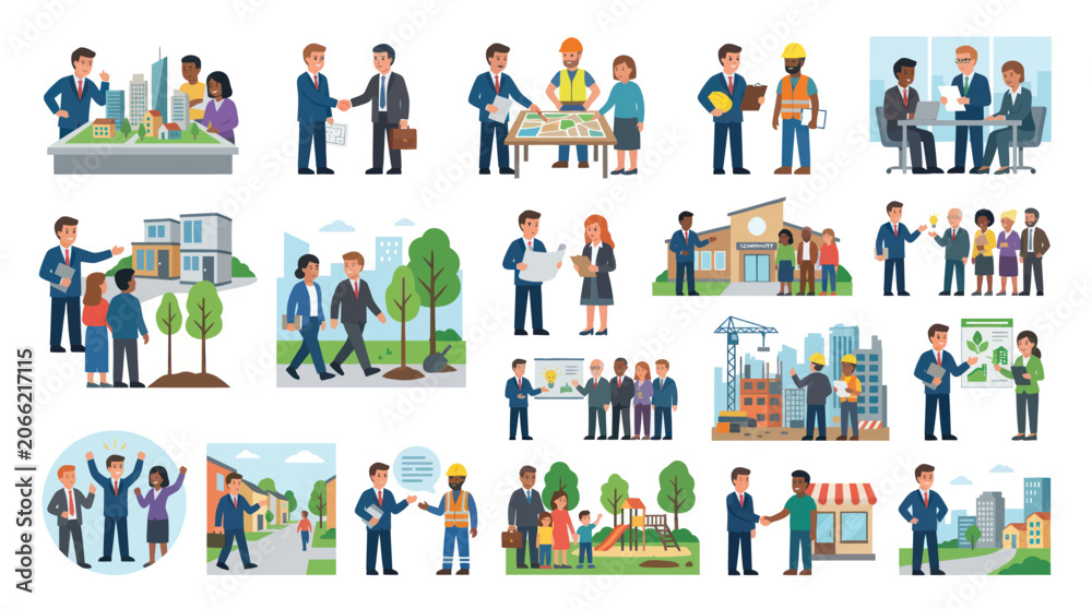 Fototapeta premium Flat Style Business Construction Teamwork Vector Illustrations Set