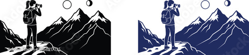Fotografía Mountaineer with binoculars silhouette black and blue versions