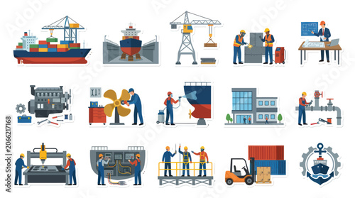 Maritime Industry Flat Vector Illustration Set with Shipbuilding, Shipping, Port Operations, and Workers