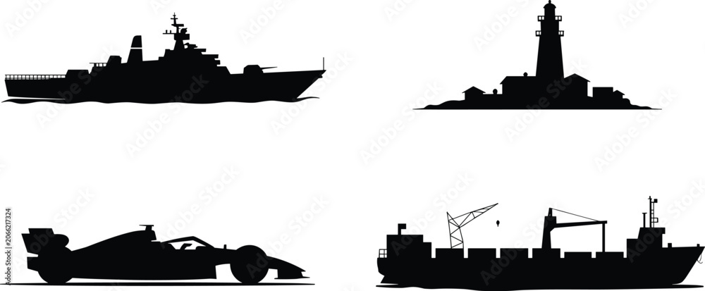 Obraz premium Transportation and Maritime Silhouette Collection Featuring Warship Lighthouse Racing Car and Cargo Vessel Designs