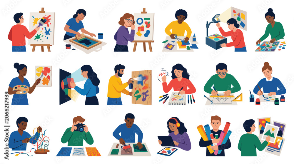 Fototapeta premium Flat Vector Lifestyle Illustration of People Engaged in Art Creative Hobbies