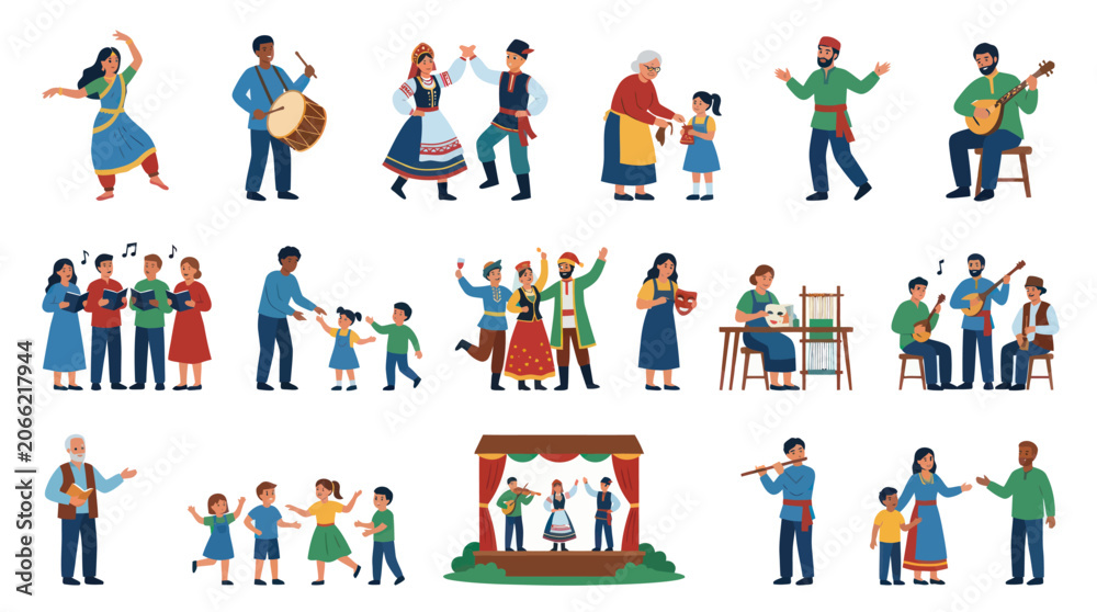 Fototapeta premium Traditional Folk Culture and Arts Performance Vector Illustration Set