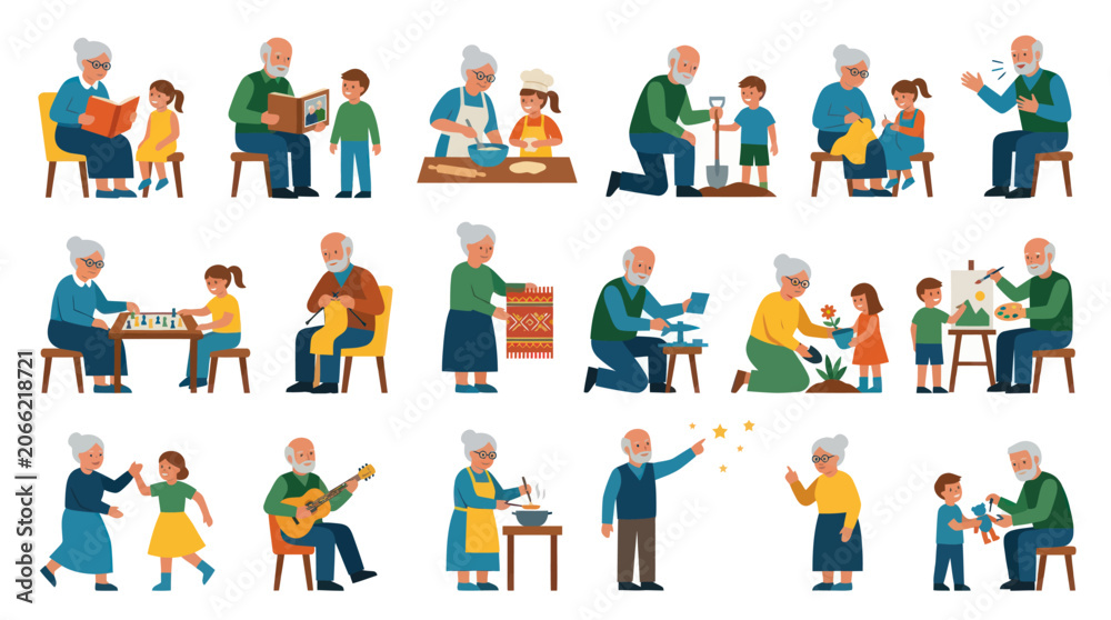Fototapeta premium Flat Cartoon Illustrations of Grandparents and Grandchildren Engaged in Intergenerational Family Activities
