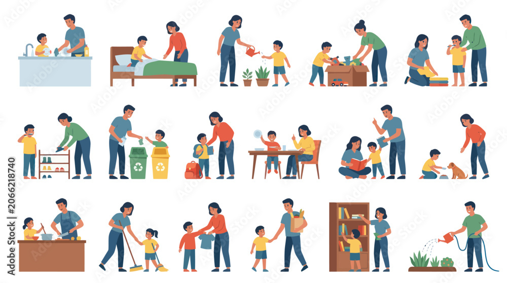 Fototapeta premium Happy Family Life Vector: Parents Teaching Children Chores and Activities Flat Art