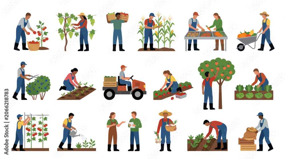Fototapeta premium Diverse Farmers Working in Garden, Harvesting Crops, Farm, Agriculture, Flat Style
