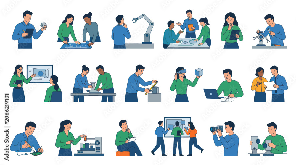 Fototapeta premium Engineering Technology Professionals with Robotics, VR, AI, and Product Development - Flat Vector Illustrations
