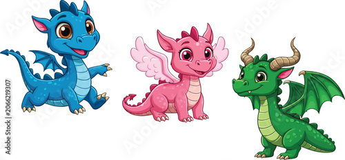 Cute cartoon dragon trio illustration, adorable blue dragon, pink dragon with wings, and green dragon with horns fantasy art