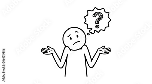 Foto Uncertain Stick Figure Shrugging Shoulders with Question Symbol
