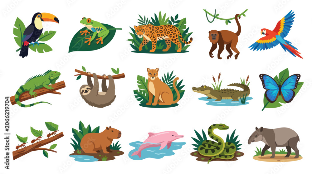 Fototapeta premium Amazon Rainforest Animals Flat Vector Illustration Set. Wildlife Fauna Collection for Nature Education